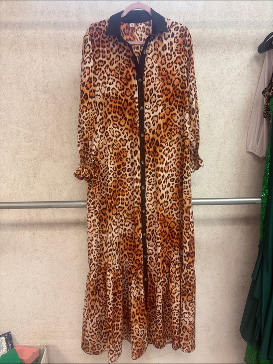 Dresses & Skirts - Leopard Print Long Sleeve Maxi Shirt Dress - Brown Leopard